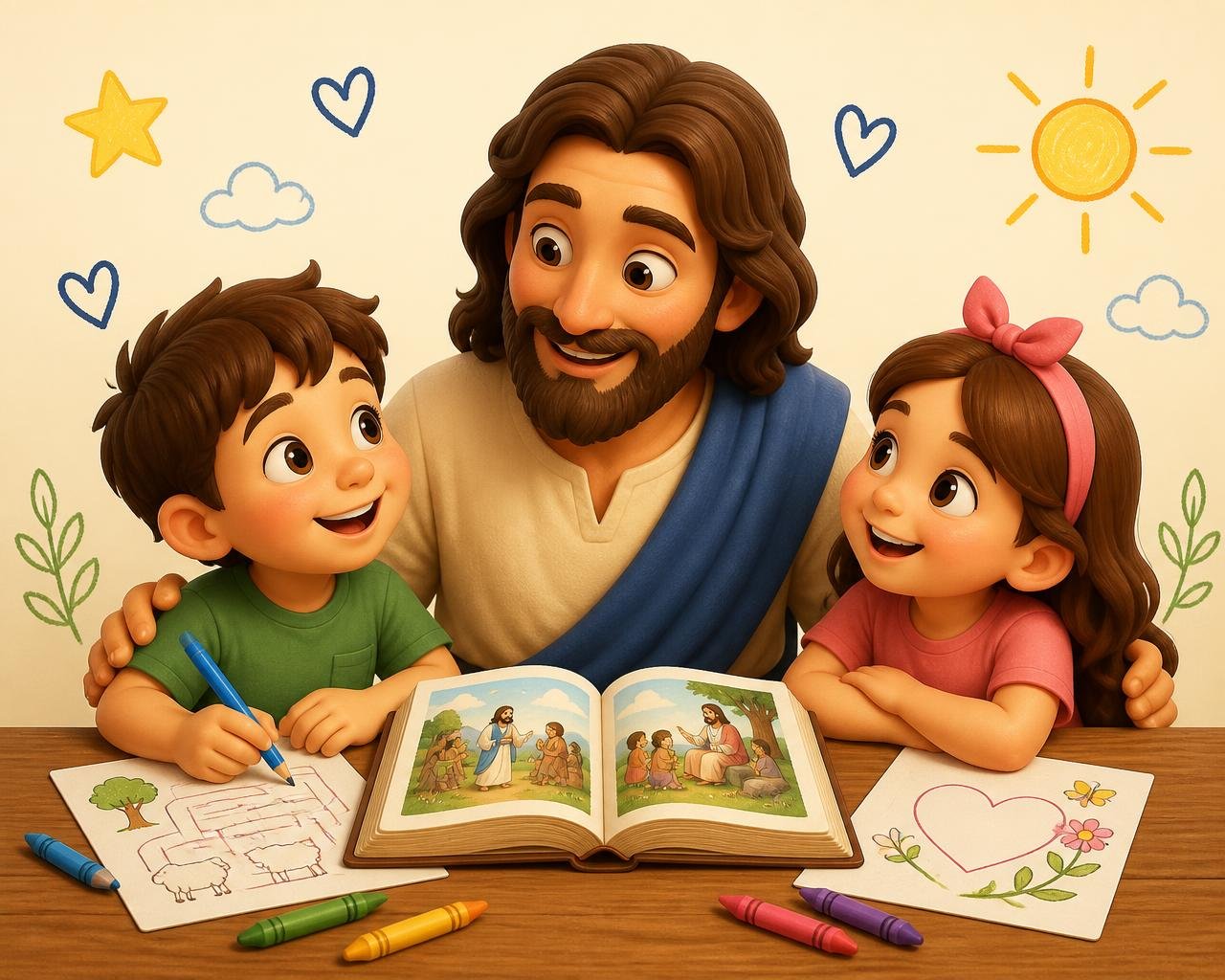 Jesus ensinando duas crianças com a Bíblia e atividades ilustradas para imprimir